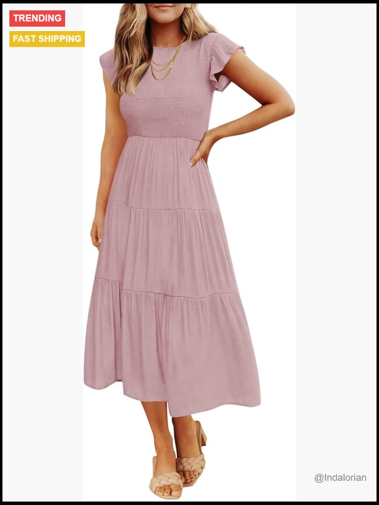 Flutter Short Sleeve Smocked Elastic Waist Tiered Midi Dress